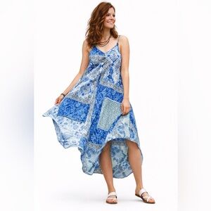 Organic Viscose Boho Patchwork Dress L/XL Flowy High Low Hem Adjustable Straps